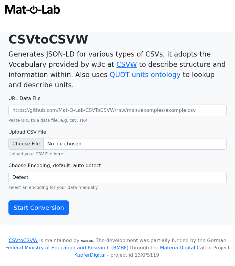 CSVToCSVW web UI — URL input, file upload, and Start Conversion button