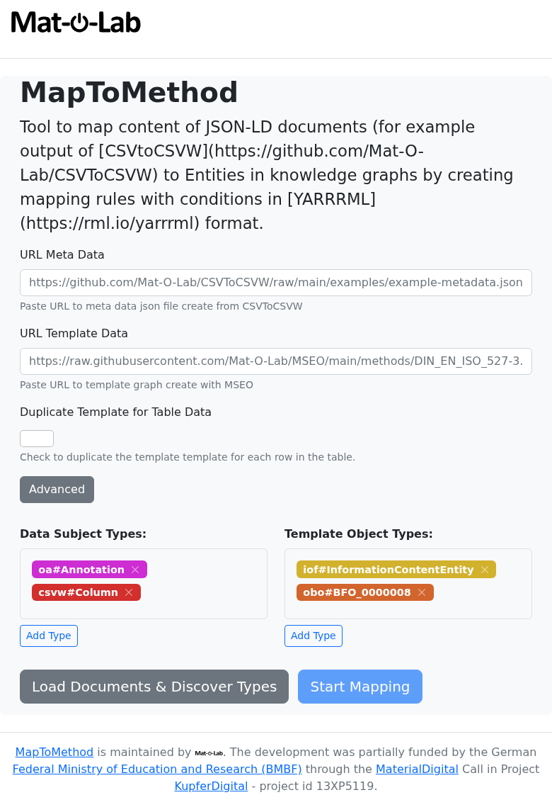 MapToMethod web UI — metadata URL, template URL, type selector panels, and Start Mapping button
