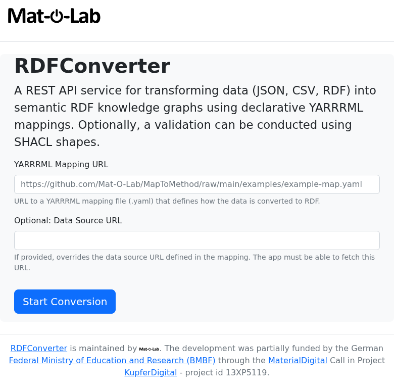 RDFConverter web UI — YARRRML mapping URL, optional data source URL, and Start Conversion button